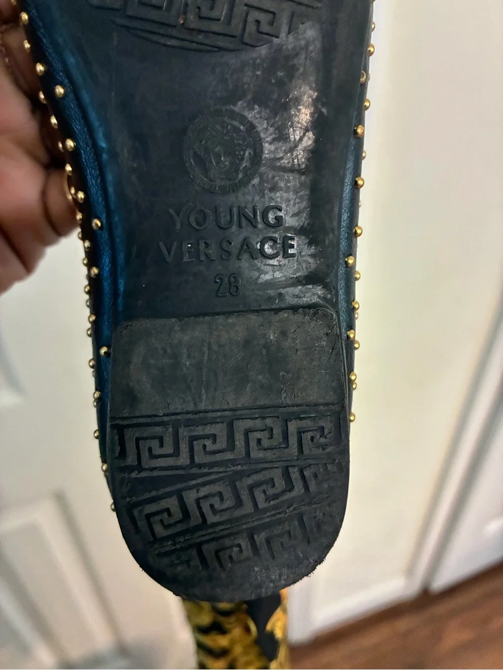 Versace Black and Gold Studded Ballet Flats with Medusa Charm